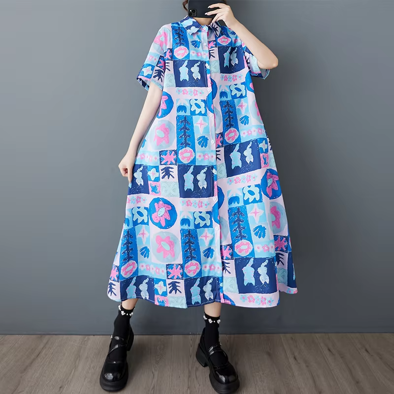 XITAO Print Flower Single Breasted Dress Turn-down Collar Casual New Korea Fashion A-line Short Sleeve Women Dress ZMY1133