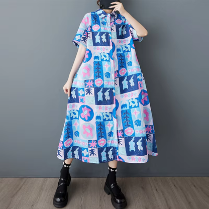 XITAO Print Flower Single Breasted Dress Turn-down Collar Casual New Korea Fashion A-line Short Sleeve Women Dress ZMY1133