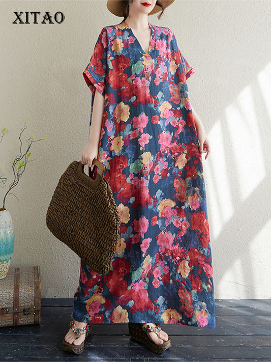 XITAO Print Casual Half Sleeve Dress Loose Fitting Elegant A-line V-neck Goddess Fan Summer Women Dress ZMY1111