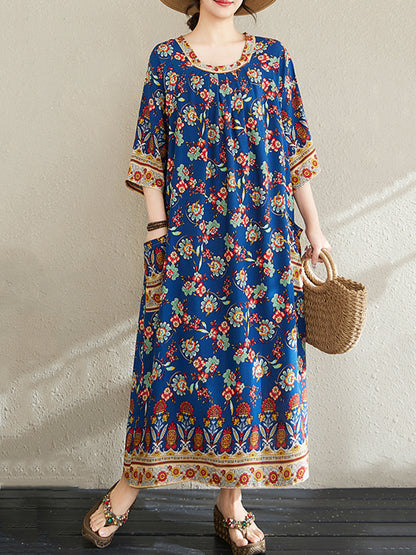 XITAO Flower Pleated Print O-neck Dress Casual Loose Fitting Ethnic Style Simple Pullover Summer Women Dress ZMY1098