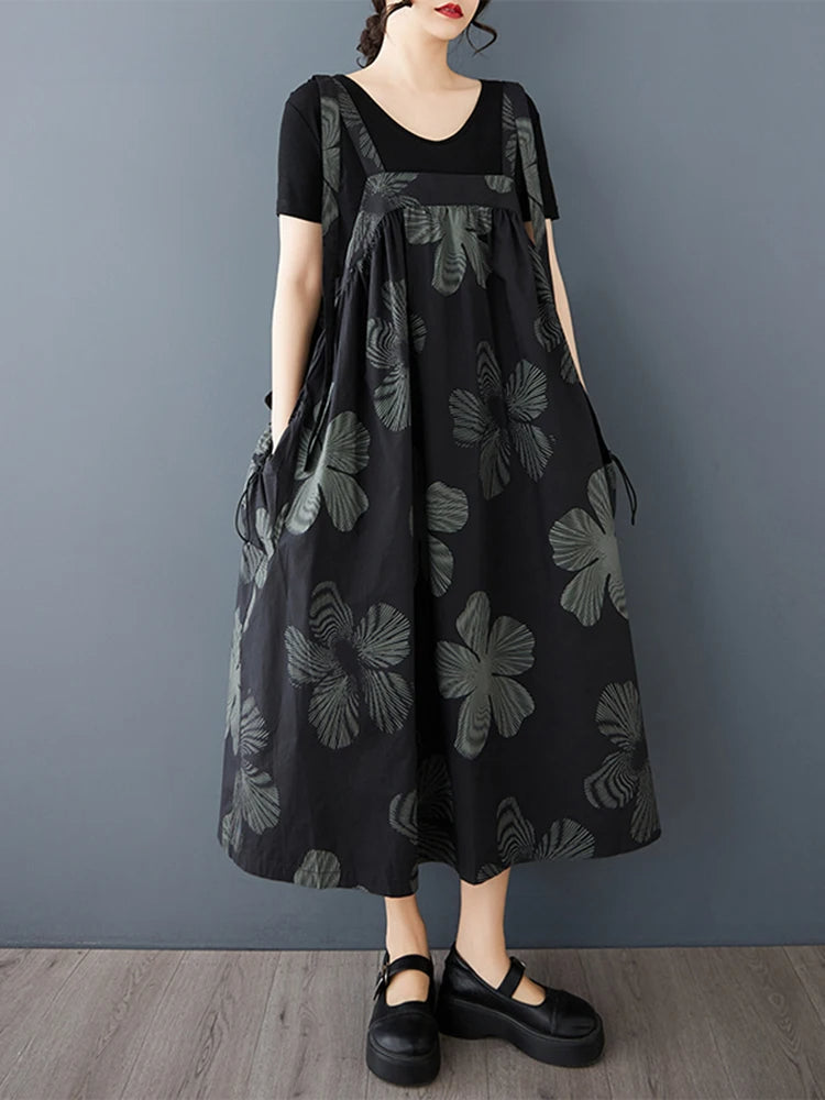 XITAO Print Straps Fold Flower A-line Dress Casual Sleeveless Mid-calf Square Neck Loose Simple Summer Women Dress GMM1327