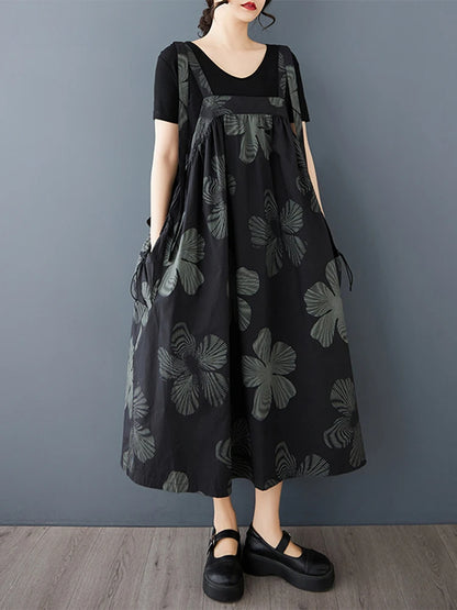 XITAO Print Straps Fold Flower A-line Dress Casual Sleeveless Mid-calf Square Neck Loose Simple Summer Women Dress GMM1327