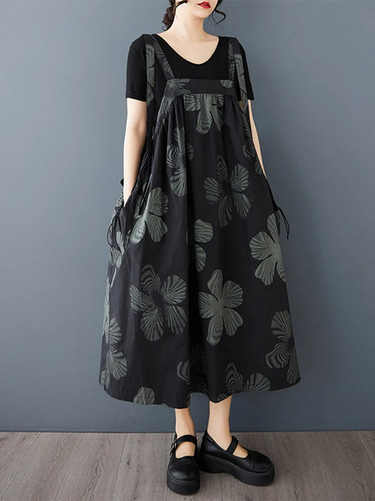 XITAO Print Straps Fold Flower A-line Dress Casual Sleeveless Mid-calf Square Neck Loose Simple Summer Women Dress GMM1327