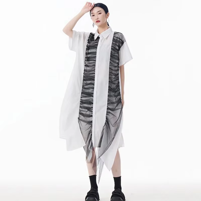 XITAO Pleated Single Breasted Turn-down Collar Dress Mesh Short Sleeve Asymmetrical Fashion A-line Summer Women Dress ZMY1201