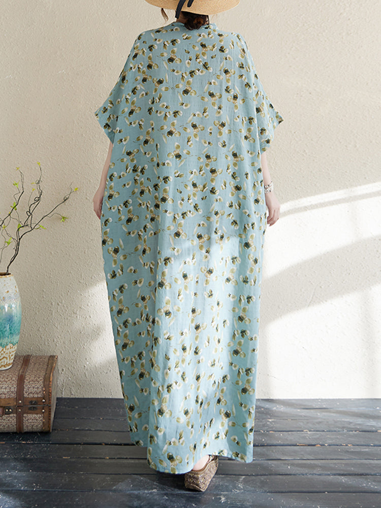XITAO Vacation Style Loose V-neck Dress Print Pullover Batwing Sleeve Vintage Slimming Ankle-Length All Match Dress  ZMY1002