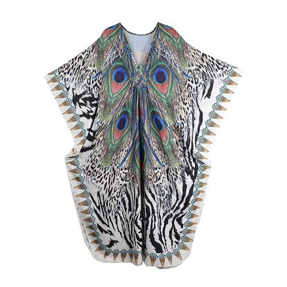 XITAO Female Print Ankle-length Dress Loose Bat Wing Sleeve Contrast Color Fashion Personality V-neck Summer Woman Dress GJ1163