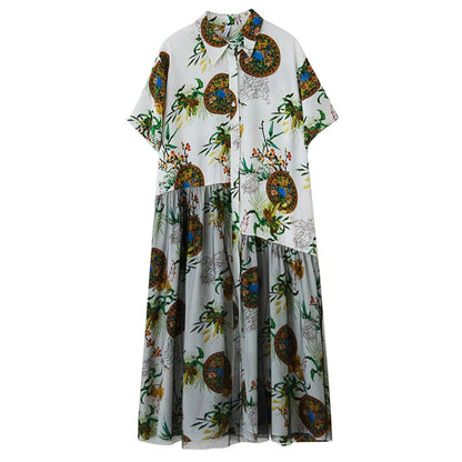 XITAO Gauze Patchwork Print Dress Turn-down Collar Loose Short Sleeve Casual Temperament Slimming Summer Woman  Dress ZMY1293