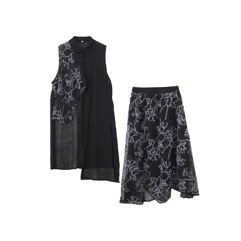 XITAO Asymmetrical Pocket Embroidery Sets Two-piece Turn-down Collar Short Sleeve Gauze Loose Elastic Waist Woman Sets ZMY1291