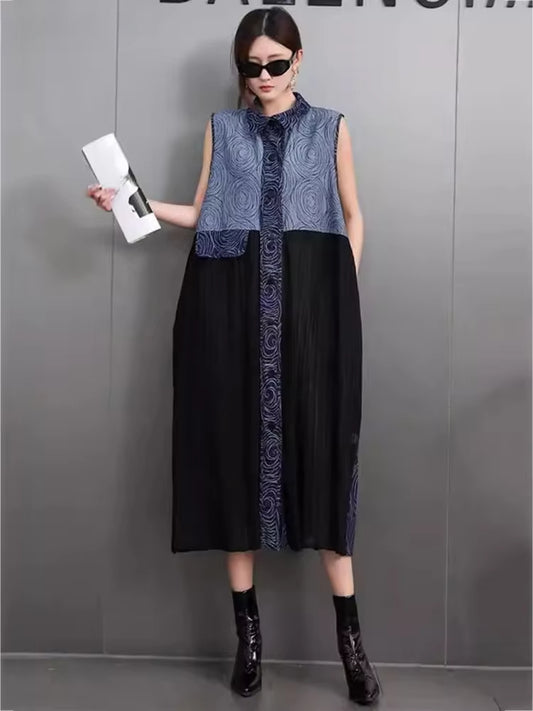 XITAO Patchwork Print Pocket Sleeveless Dress A-line Casual Mid-calf Single Breasted Fashion Spring Female Dress GMM1329