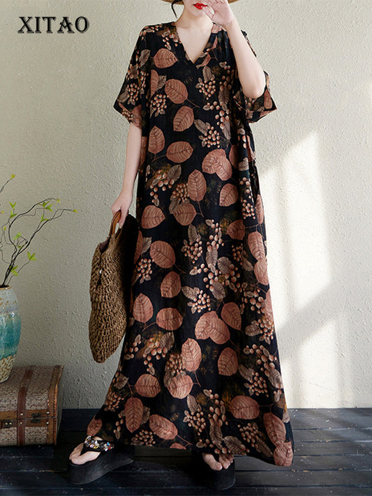 XITAO Short Sleeve Print Dress Pullover Comfortable All Match Elegant V-neck A-line Summer Women Dress ZMY1124