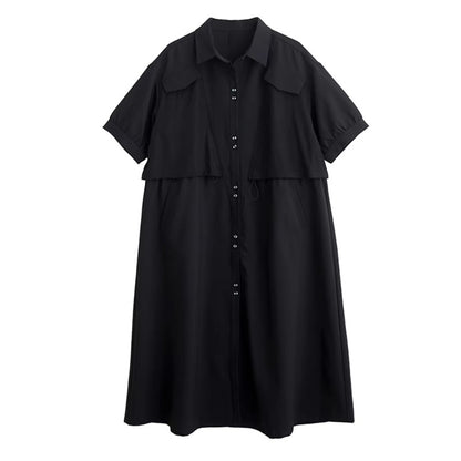 XITAO Drawstring Solid Color Dress Turn-down Collar Short Sleeve Slimming Patchwork Pocket Casual Summer Woman Dress ZMY1402
