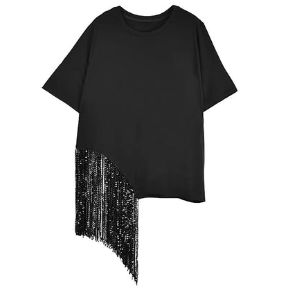 XITAO Casual Asymmetric T-shirt Personality Tassel Patchwork Women Loose O-neck Short Sleeve Slimming All-match Top ZMY1160
