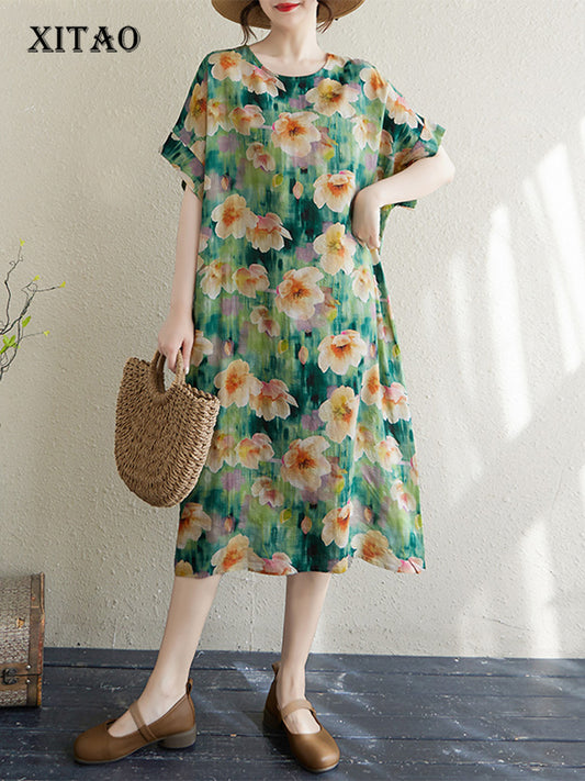 XITAO Print Floral Short Sleeve Dress Mid-calf A-line Loose Fitting Sweet O-neck Goddess Fan Summer Dress ZMY1114