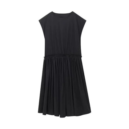 XITAO Solid Color Drawstring Dress O-neck Simple Temperament Pullover Slimming Loose Summer Woman A-line Casual Dress ZMY1331