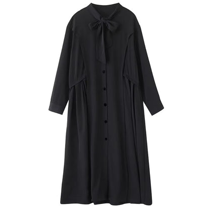 XITAO Bandage Patchwork Solid Color Folds Dress Long Sleeve Single Breasted Loose Slimming Temperament A-line Dress HQQ2502