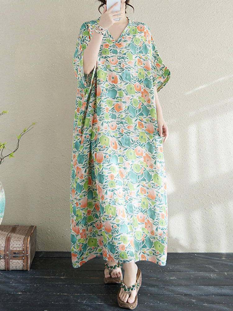XITAO Batwing Sleeve Flower V-neck Dress Casual Loose Fitting Simple Floral A-line Half Sleeve Popular Leisure Female Dress ZMY1008