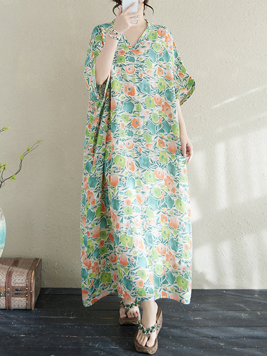 XITAO Batwing Sleeve Flower V-neck Dress Casual Loose Fitting Simple Floral A-line Half Sleeve Popular Leisure Female Dress ZMY1008