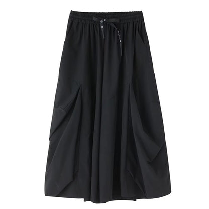 XITAO Solid Color Pleated Elastic Waist Pants Pocket Patchwork All Match Slimming Casual Fashion Loose Ankle-length Pants ZY8944