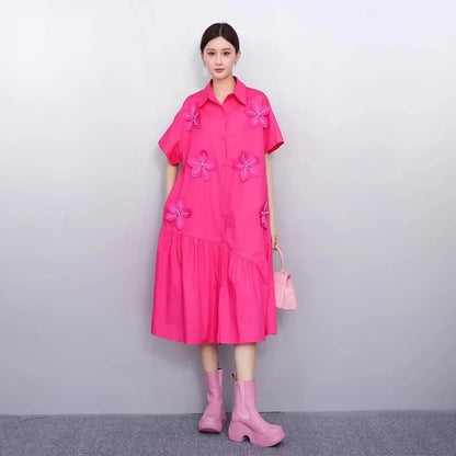XITAO Solid Color Short Sleeve Dress Three-dimensional Decoration Turn-down Collar Loose Slimming Summer Woman Dress ZMY1398