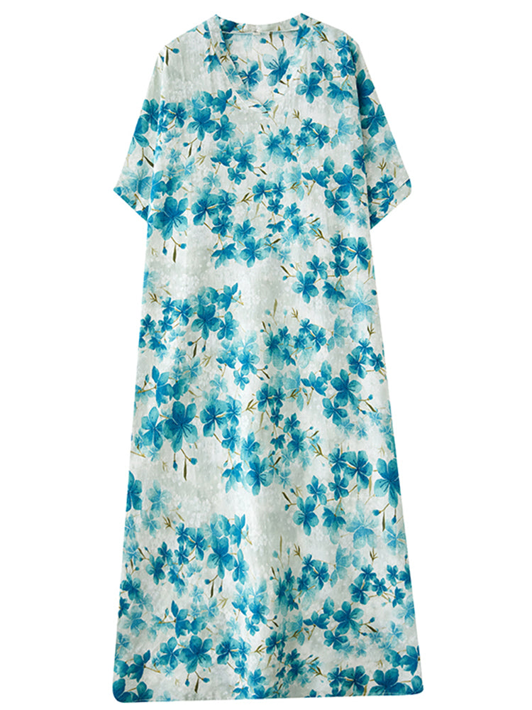 XITAO Flower V-neck Print Dress A-line Half Sleeve Elegant Long Style Leisure Cute Symmetry Summer Dress ZMY1005