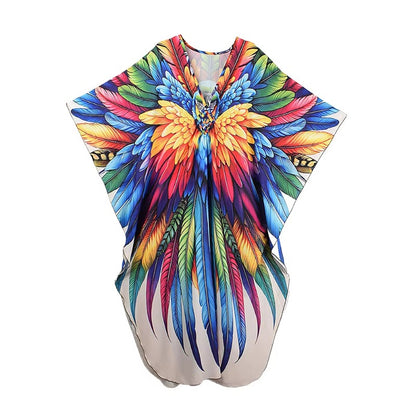 XITAO Feather Print Pullover Loose Dress Bat Wing Sleeve V-neck Vintage Side Slit A-line Casual Summer Woman Trend Dress GJ1176