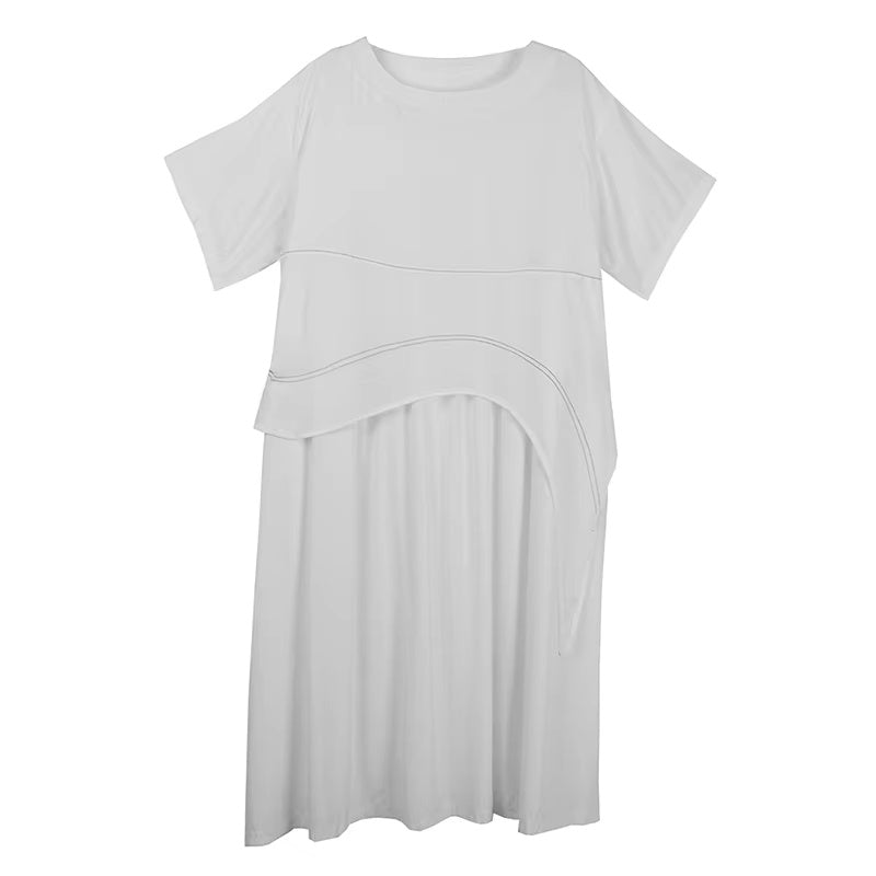 XITAO Patchwork Solid Color Loose Dress O-neck Short Sleeve A-line Pullover Slimming Temperament Summer Woman Dress ZMY1379