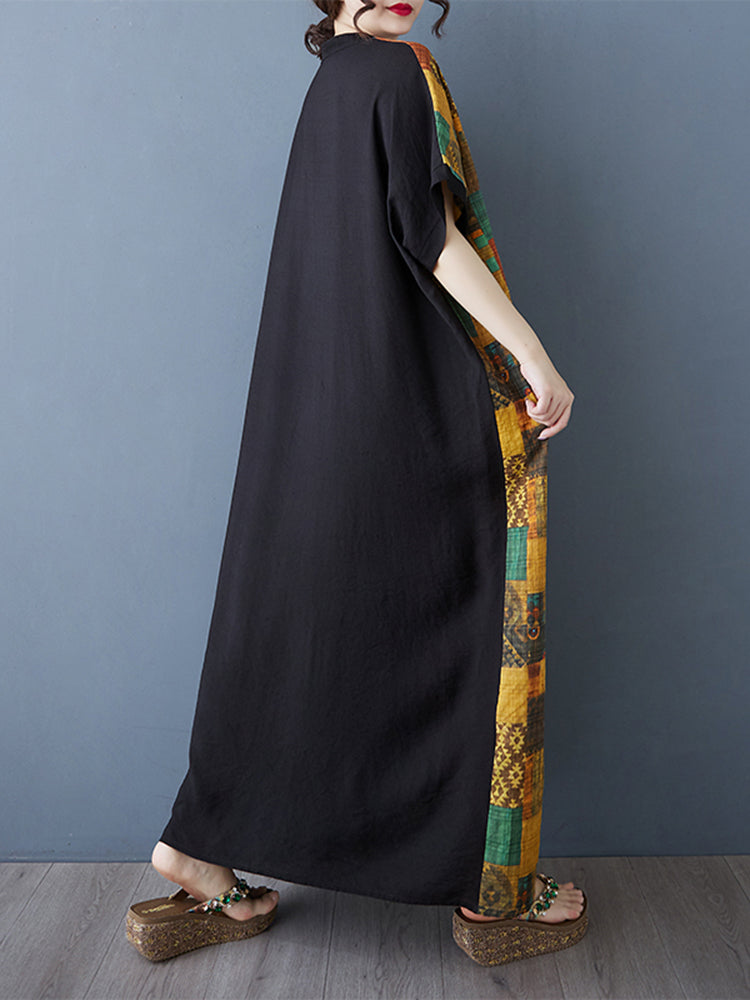XITAO Pocket Patchwork Contrast Color Dress V-neck Pullover Short Sleeve Loose Slimming All Match Casual Dress ZMY1083