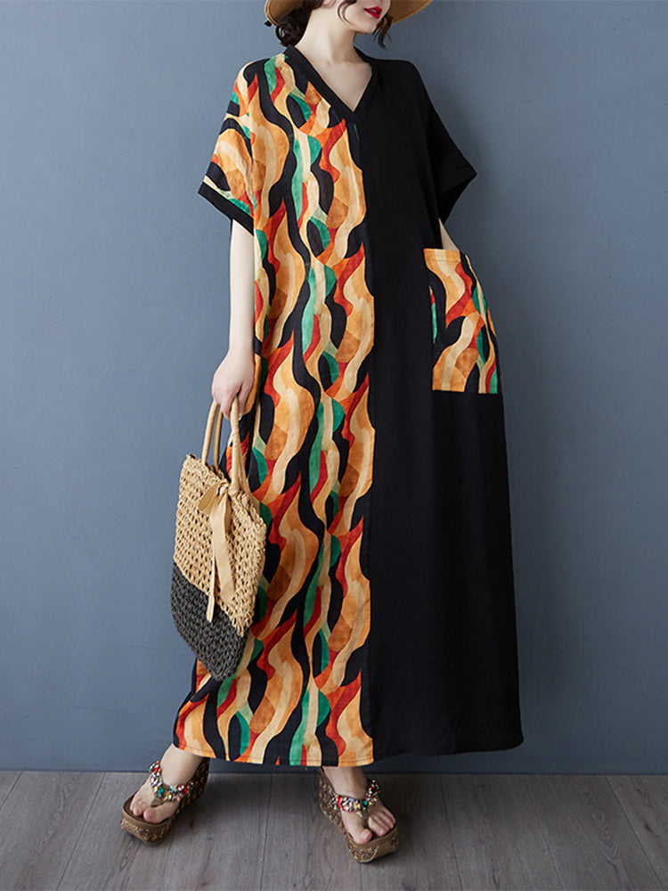 XITAO Print Patchwork Pocket Dress Short Sleeve Pullover Loose V-neck Casual Slimming Ankle-Length All Match Dress ZMY1085