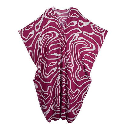 XITAO Irregular Print Contrast Color Dress Temperament Side Slit Bat Wing Sleeve Loose Fashion Summer Woman V-neck Dress GJ1174
