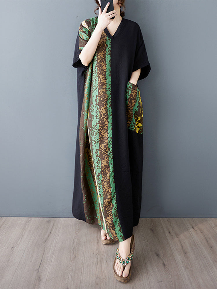 XITAO Contrast Color Patchwork Dress Casual Pocket Half Sleeve Loose V-neck Thin Summer Fitting Women Dress ZMY1014