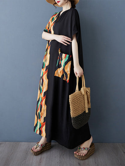 XITAO Print Patchwork Pocket Dress Short Sleeve Pullover Loose V-neck Casual Slimming Ankle-Length All Match Dress ZMY1085