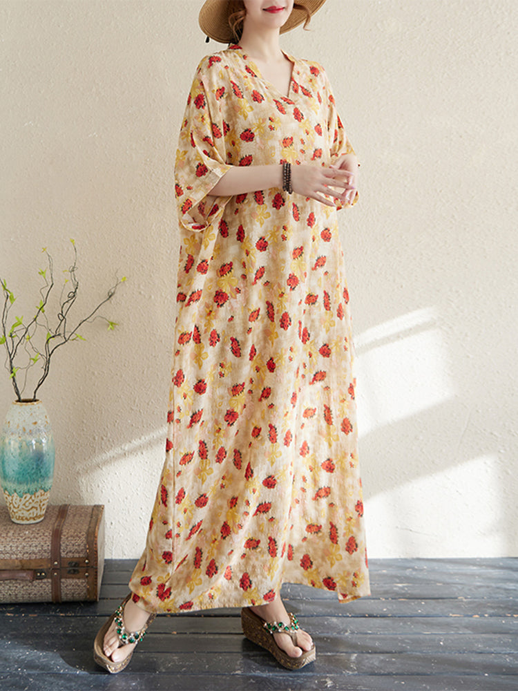 XITAO Pullover Print Vintage Batwing Sleeve Dress V-neck Loose Slimming Ankle-Length Vacation Style Travel All Match Dress ZMY1001