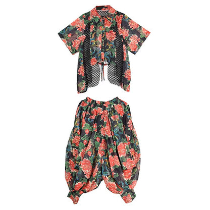 XITAO Hollow Out Asymmetrical Print Sets Turn-down Collar Loose Short Sleeve Personality Elastic Waist Woman Sets GYX1664