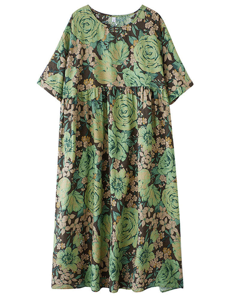 XITAO Print Floral Pleated Dress Casual Loose Fitting Bohemian Style O-neck A-line Slimming Summer Women Dress ZMY1082