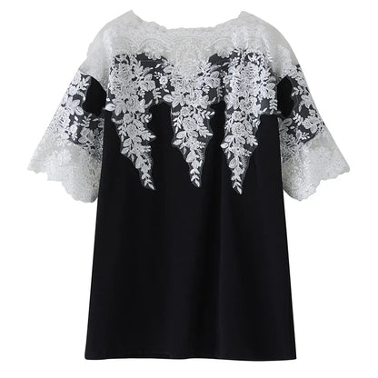XITAO Lace Patchwork Contrast Color Dress O-neck Pullover Short Sleeve Loose Temperament All Match Vintage Casual Dress ZMY1246