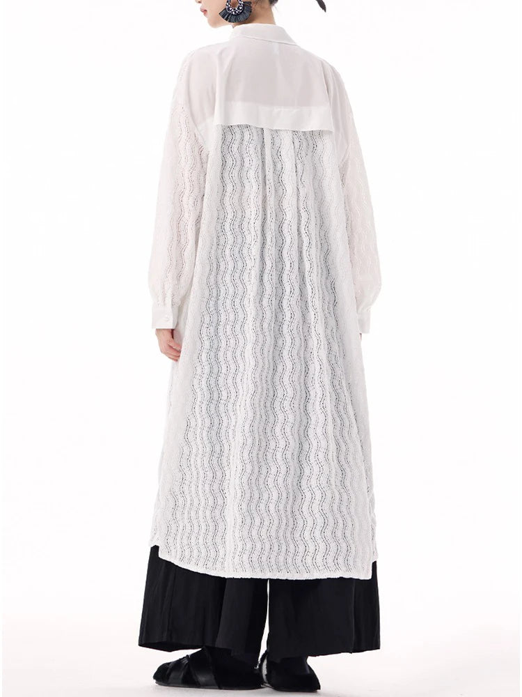 XITAO Patchwork Mesh Lace Single Breasted Dress Solid Color Turn-down Collar Full Sleeve Hong Kong Spring Women Dress GYX1508