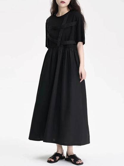 XITAO Bandage O-neck Pleated Dress Short Sleeve Casual Loose Fitting Simple Pullover Slimming A-line Summer Women Dress ZMY1206