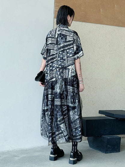 XITAO Print Gauze Patchwork Pullover Women Short Sleeve Dress Turn-down Collar Loose Slimming A-line Casual Dress ZMY1162