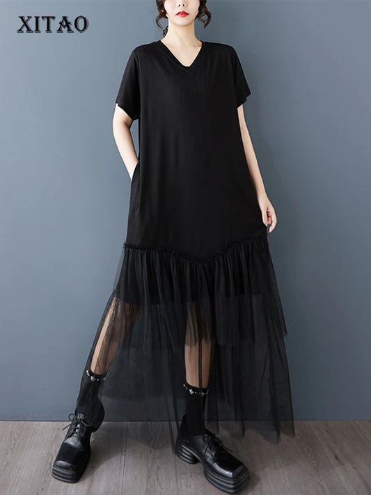 XITAO Patchwork Lace Mesh V-neck Dress A-line Short Sleeve Pleated Vintage Hong Kong Fashion Summer Women Dress HQQ2454