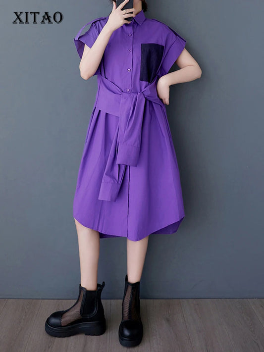 XITAO Single Breasted Sleeveless Dress Leisure Solid Color A-line Loose Fitting Fashion Lace-up New Arrival Women Dress GYX1633