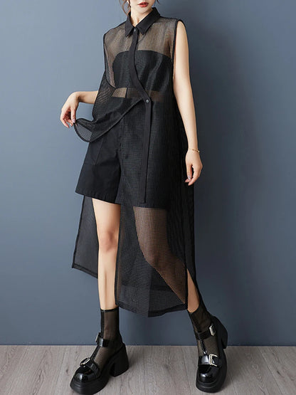 XITAO Irregular Hollow Out Sleeveless Shirt Turn-down Collar Solid Color All-match Vintage Loose Summer Woman Shirt ZMY1231