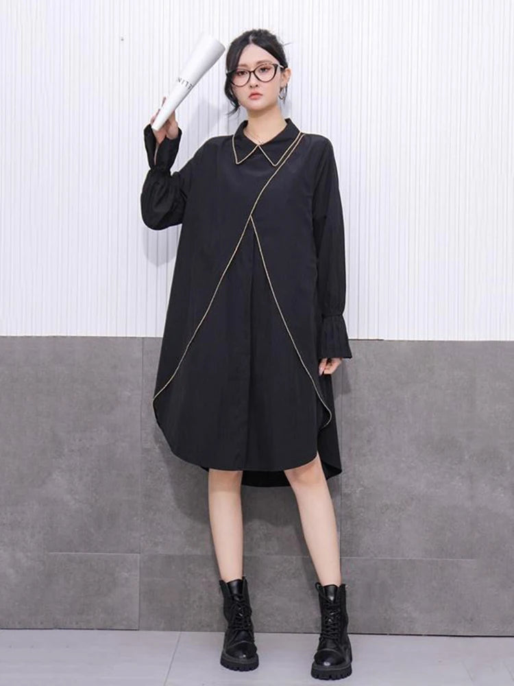 XITAO Asymmetrical Split Turn-down Collar Dress Long Sleeve Patchwork Pullover Hong Kong Loose Temperament Dress GYX1521