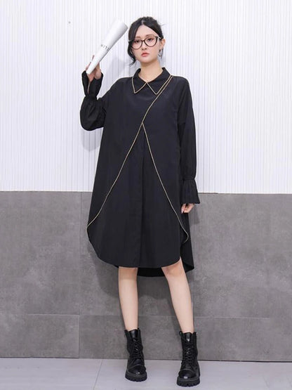 XITAO Asymmetrical Split Turn-down Collar Dress Long Sleeve Patchwork Pullover Hong Kong Loose Temperament Dress GYX1521
