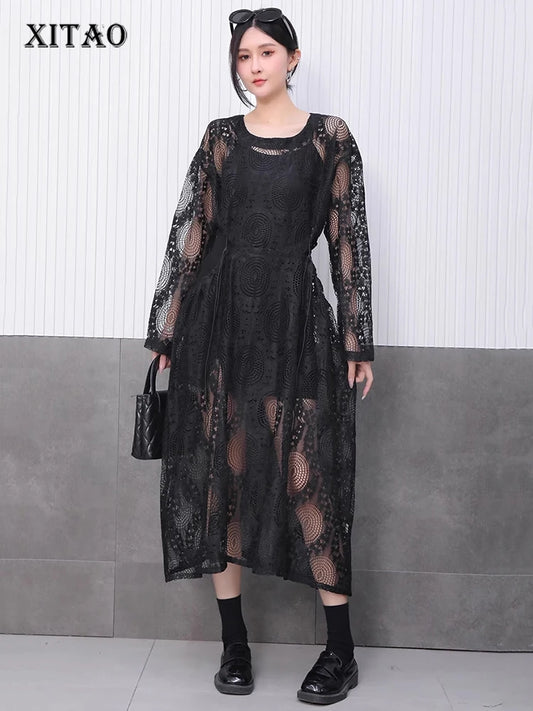 XITAO Loose Drawstring Hollow Out Dress Casual Long Sleeve Embroidery Trend Women Simple Temperament Elegant Dress HQQ2451