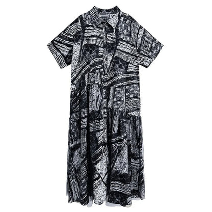 XITAO Print Gauze Patchwork Pullover Women Short Sleeve Dress Turn-down Collar Loose Slimming A-line Casual Dress ZMY1162