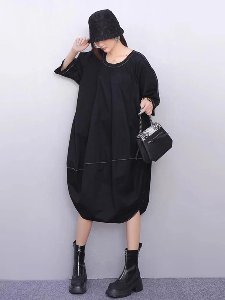 XITAO Asymmetrical O-neck Pullover Dress Solid Color Half Sleeve Patchwork Loose Slimming Casual All Match Women Dress ZMY1391