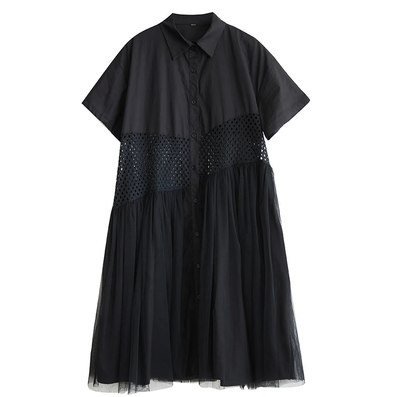 XITAO Patchwork Mesh Single Breasted Dress Casual Solid Color A-line Sweet Short Sleeve Turn-down Collar Female Dress GYX1566