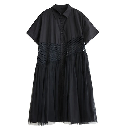 XITAO Patchwork Mesh Single Breasted Dress Casual Solid Color A-line Sweet Short Sleeve Turn-down Collar Female Dress GYX1566