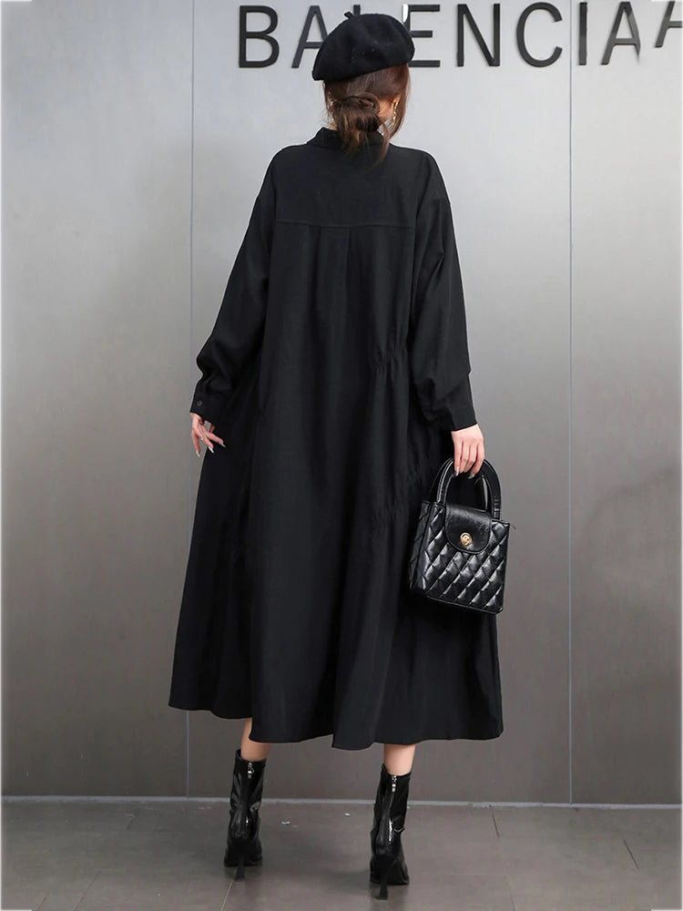 XITAO Pleated Lapel Single Breasted Dress Casual Loose Solid Color Full Sleeve Turn-down Collar Spring Women Dress GYX1582