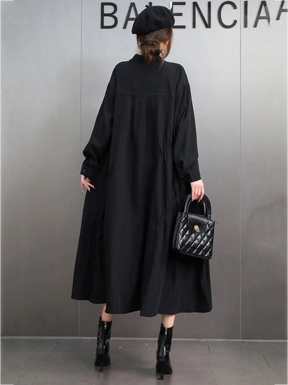XITAO Pleated Lapel Single Breasted Dress Casual Loose Solid Color Full Sleeve Turn-down Collar Spring Women Dress GYX1582